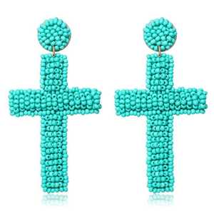 Boucles d'oreilles pendantes unisexes faites à la main, style bohème, avec pendentif croix et perles de rocaille, tendance minimaliste, couleurs personnalisables - Hiba Enterprises - Product Image 1
