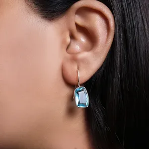 Pendientes Colgantes de Topacio Azul Plateado para Mujer, Joyería Clásica de Moda con Engaste de Bisel, Pendientes para Fiesta - Product Image 2