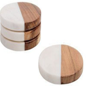 Un magnifique ensemble de dessous-de-verre ronds en marbre blanc avec des incrustations florales multicolores vives et un support, disponible à prix de gros. - Product Image 4