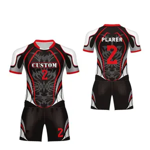 Sublimação impresso fábrica fornecedores rugby camisas liga uniformes e shorts barato futebol desgaste terno Rugby Jersey para homens