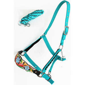 Venta al por mayor Horse Noseband Tack Bronc Cuero tallado a mano Nylon HALTER Tiedown Cuerda de plomo Inglés Saddle Halters DE LA India - Product Image 5