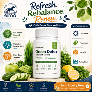 Tabletas Detox Verdes Diarias de Marca Privada Elma Food, Apoyo para la Salud Intestinal, Certificación Halal, Naturales, 60 Unidades, Botella Personalizada - Product Image 1