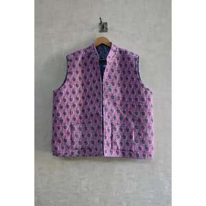 Chaleco Acolchado de Algodón Ecológico Hecho a Mano, Chaqueta sin Mangas para Invierno, Cierre de Botones, Prenda Exterior Étnica con Estampado Bloqueado Cálido - Product Image 1