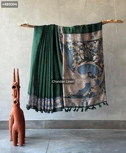 Designer indien Bollywood dernier tissu de lin lourd CHanderi à la mode imprimé Sari avec chemisier fantaisie belle tenue de fête élégante - Product Image 3