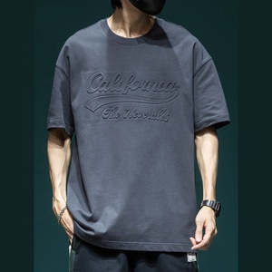 Logo en relief coupe décontractée personnalisé respirant 100% coton T-Shirt hommes ample col rond épaule tombante grande taille col rond conception - Product Image 4