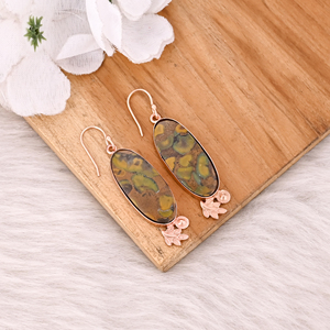 Boucles d'oreilles de créateur en plaqué or rose faites à la main, bijoux en laiton ovale long, jaspe aux fruits, pierres précieuses, style classique, pendantes à la mode - Product Image 5