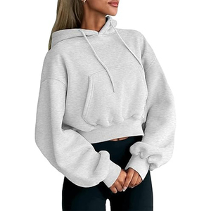 Sweat court pour femme avec garnitures côtelées sur la manchette col rabattu manches longues cordon pull à capuche haut court - Product Image 2
