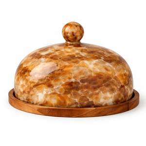 Plat à beurre en résine avec dôme en marbre orange, boîte à fromage avec base en bois, cloche décorative pour servir le gâteau, le pain, plateau de service - Product Image 6