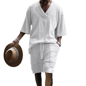 New Men <b>Shorts</b> Set Summer Casual Knitted Two Piece Men's Clothing V-Neck <b>Short</b> Sleeve T-shirt and <b>Shorts</b> Streetwear Knit Outfits - Product Image 2