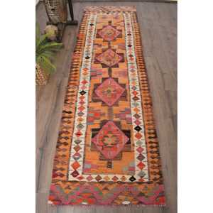 Vintage Turkish <b>Rug</b>, <b>Runner</b> 2.9x9.9 ft (87x302 cm) <b>Rug</b>, Orange Floral Wool <b>Rug</b> - Product Image 1