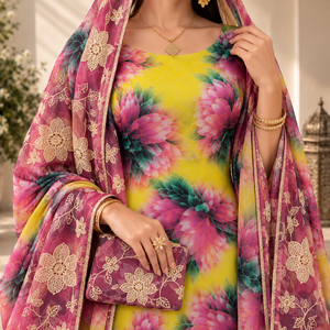 Yellow Luxury Swiss Dirac 100% Polyester Floral Printed Fabric with Embroidered Lace <b>Wedding</b> Party Wear - Product Image 2