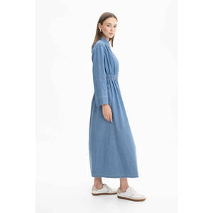 Women's Long Indigo <b>Denim</b> Trench <b>Coat</b> with Elastic Waist and Double Breasted Closure - Product Image 2