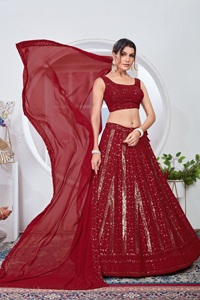 Lehenga choli rama ออกแบบเจ้าสาวด้วย georgette เย็นกับการเย็บปักถักร้อยลำดับการทำงานงานแต่งงาน lehenga choli - Product Image 6