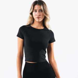 Camiseta recortada de manga corta para mujer, Camiseta corta sencilla sólida a la moda para mujer, camiseta informal de verano personalizada para mujer - Product Image 1