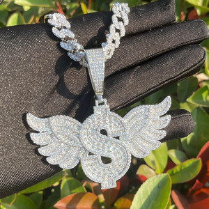 Luxe 925 Silver Wing Dollar Sign Baguette Blinged Pendentif Hip Hop Style Moissanite Pendentifs Charms Chain Collier Design - Product Image 6