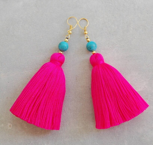 Hot Pink Tassel <b>Earrings</b> with <b>Turquoise</b> Beads Fringe Tassel <b>Earrings</b> - Gold - Long - Product Image 1