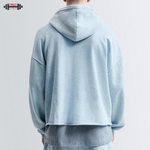 Blank 100% <b>Cotton</b> Drop Shoulder Fleece Cut Sew Winter Hoodie Streetwear Vintage Wash <b>Raw</b> Hem Cropped Regular Fit 300g - Product Image 3