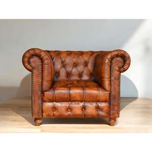 Sofá Chesterfield de cuero bronceado europeo de alta calidad, juego de sala de estar con mechones, patas individuales de dos plazas, opciones de apartamento, centro comercial - Product Image 2