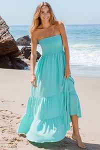 ชุดแม็กซี่เดรสยาวเปิดไหล่สำหรับผู้หญิงชุดเดรสเกาะอกสีฟ้าชุดเดรสยาวคลุม100% ผ้าเรยอนชายหาดชุดเดรสยาวคลุมพื้น - Product Image 2