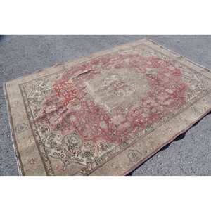 Vintage Turkish Large Area Rug Classic <b>Red</b> Beige 6.6 X 9.3ft Wool <b>Latex</b> Backing Abstract for Teen Rectangle Hallway Design - Product Image 4