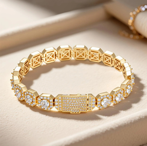 Luxury Women's Gold-Plated Bracelet with Pave Cubic Zirconia and Octagonal <b>Link</b> Design Elegant Statement Jewelry - Product Image 4