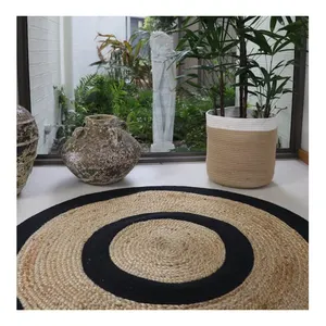 Vintage Kilim Hand Braided Black And Beige Jute Round Rug Bohemian Floor Area Rug Reversible Eco Friendly Rug
