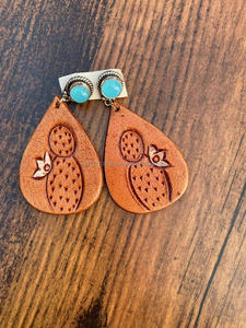Nueva llegada estilo occidental tallado a mano pendientes de cuero mujeres lindo pendiente de lágrima de moda joyería de moda de cuero - Product Image 3