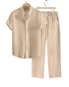 Conjunto de 2 piezas a rayas de color sólido de verano para hombre, pantalones con cordón de cuello levantado de moda informal perfectos para vacaciones en la playa - Product Image 1