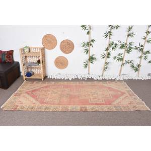 Vintage Beige Pink Wool Rug 3.9 X 8.2ft Boho Patchwork Design Latex Living <b>Room</b> <b>Carpet</b> for Hallway Rectangle Puzzle Abstract - Product Image 1