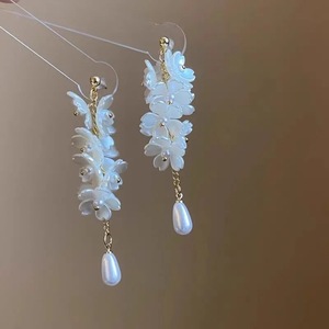 925 Silver Needle White Flower <b>Long</b> Tassel <b>Earrings</b> Designer Studs - Product Image 3