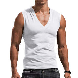 Hommes 100% coton mince col en v sans manches débardeur respirant tricoté gilet décontracté sport Fitness impression par transfert de chaleur - Product Image 6