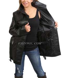 Womens Real Leather Trench Coat Waist Belt Mid Length Parka Jacket Soft Nappa Lamb Sheepskin Leather Long Coat Jacket Wholesale - Product Image 2