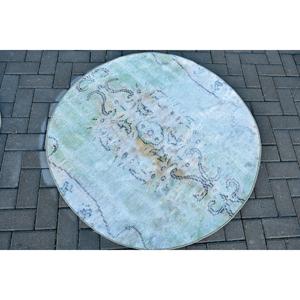 Alfombra Turca Redonda Vintage de 3.9x3.9 pies, Alfombra de Lana Azul - Product Image 4