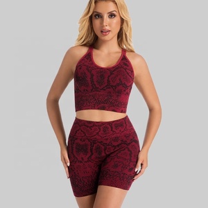 2026 <b>Red</b> Printed Yoga Set High Waist Shorts <b>Crop</b> <b>Top</b> Seamless 2 Piece Halter Neck Sleeveless Spandex Polyester - Product Image 1