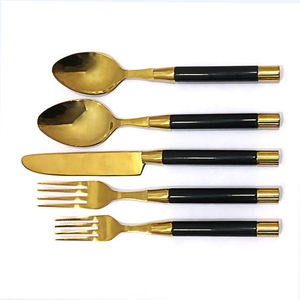Modern American Style Premium Stainless Steel Brass Shiny <b>Gold</b> 5 Pcs <b>Cutlery</b> <b>Set</b> with Square Handles for Hotel and Restaurant - Product Image 5