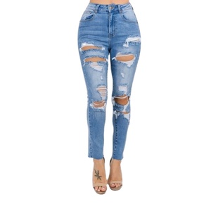 Meilleure vente Pantalon denim bleu clair ample nouveauté Jean déchiré à jambe large pour femme décontracté Sexy coton Design prix de gros - Product Image 3