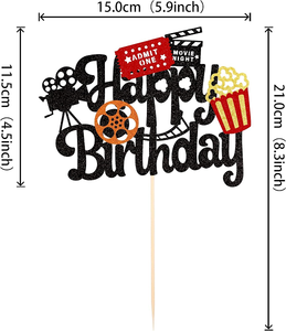 Movie Night Cake Topper Cartel de feliz cumpleaños con cámara de palomitas de maíz y decoraciones de rollo de película para suministros de fiesta temática de teatro - Product Image 2