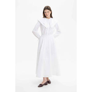 Off-White Poplin <b>Patchwork</b> Pleated <b>Skirt</b> with Embroidered Print - Product Image 2