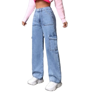 Women's High Rise Light Blue <b>Denim</b> Cargo <b>Stretch</b> Jeans 6-Pocket Clean Look Solid Eco-Friendly Durable Fabric Plating Modern Wide - Product Image 6