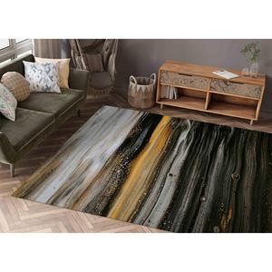 Tapis moderne abstrait : Tapis brillant noir, gris, jaune et doré, tapis doux non tissé - Product Image 1