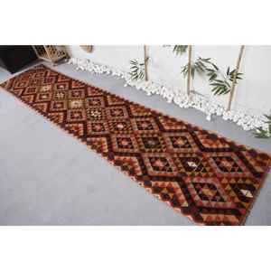 Alfombra Kilim Turca Vintage de 2.5x11.5 pies, Alfombra Roja de Patchwork de Lana - Product Image 4