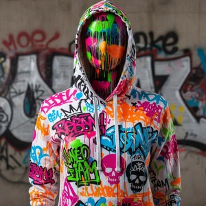 Sweat-shirt à capuche en molleton pour femme, motif artistique abstrait coloré, peinture chaotique, éclaboussures d'encre, graphique, néon, décontracté, coupe ample, devant - Product Image 5