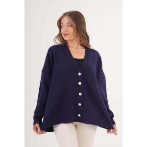 Cárdigan Casual Holgado Azul Marino al por Mayor con Detalle de Botones para Uso Diario - Product Image 3