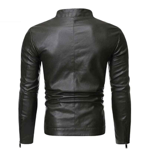 Men's PU Leather <b>Waterproof</b> <b>Warm</b> Moto Jacket Stand Collar Zipper Closure Slim Fit Solid Black Regular Length Autumn Wear - Product Image 6