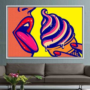 Lienzo Impreso: Mujer de Arte Pop Lamiendo Helado, Estilo Vitral, Lienzo con Marco Blanco - Product Image 1