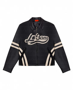 Streetwear rétro vintage zippé Patchwork avec broderie personnalisée Veste en cuir PU pour homme - Product Image 4