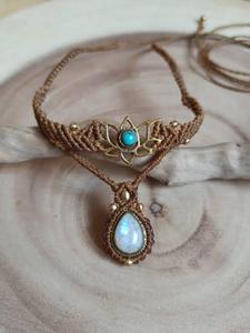 Collier en macramé vintage fait à la main, pendentif en agate verte de 15 à 20 mm, cordons bruns, plaqué rhodium, chaîne à maillons certifiée IGI, cadeau - Product Image 3