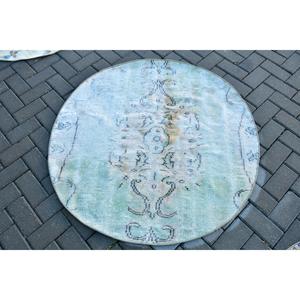 Alfombra Turca Redonda Vintage de 3.9x3.9 pies, Alfombra de Lana Azul - Product Image 1