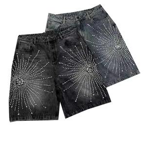 New Custom Streetwear Hip Hop Diamonds Jorts Baggy Manufacturer Distressed Vintage Acid Wash Rhinestone Men's Denim <b>Shorts</b> - Product Image 5
