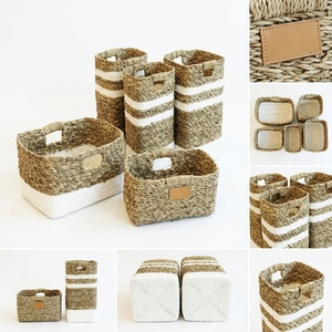 Natural Seagrass Recycled Plastic <b>Basket</b> Set <b>Rectangular</b> Organizer Trash Bin White Liner Handle Setup Pure Art Room Decor Craft - Product Image 2